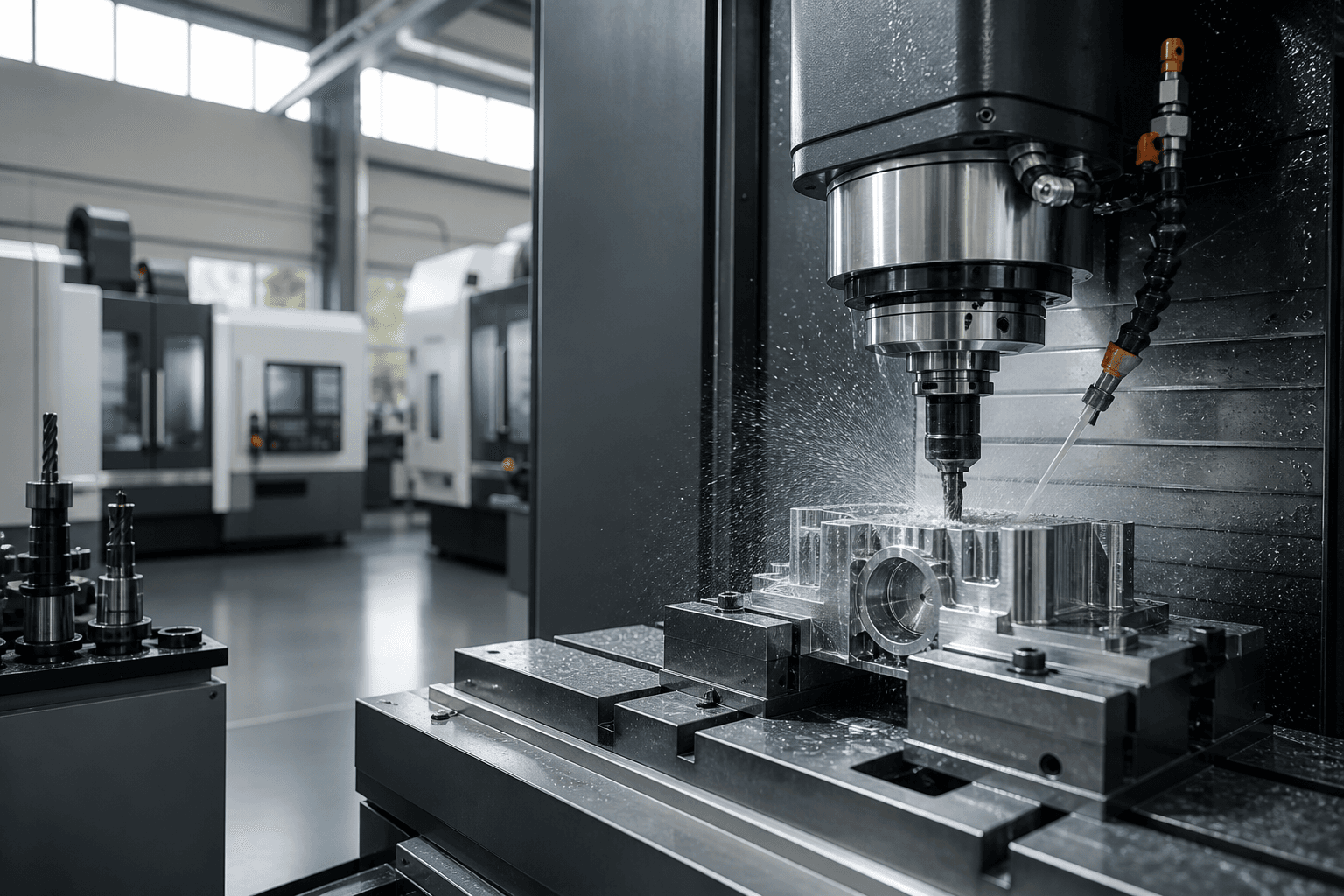 CNC machining centre cutting metal with carbide tooling
