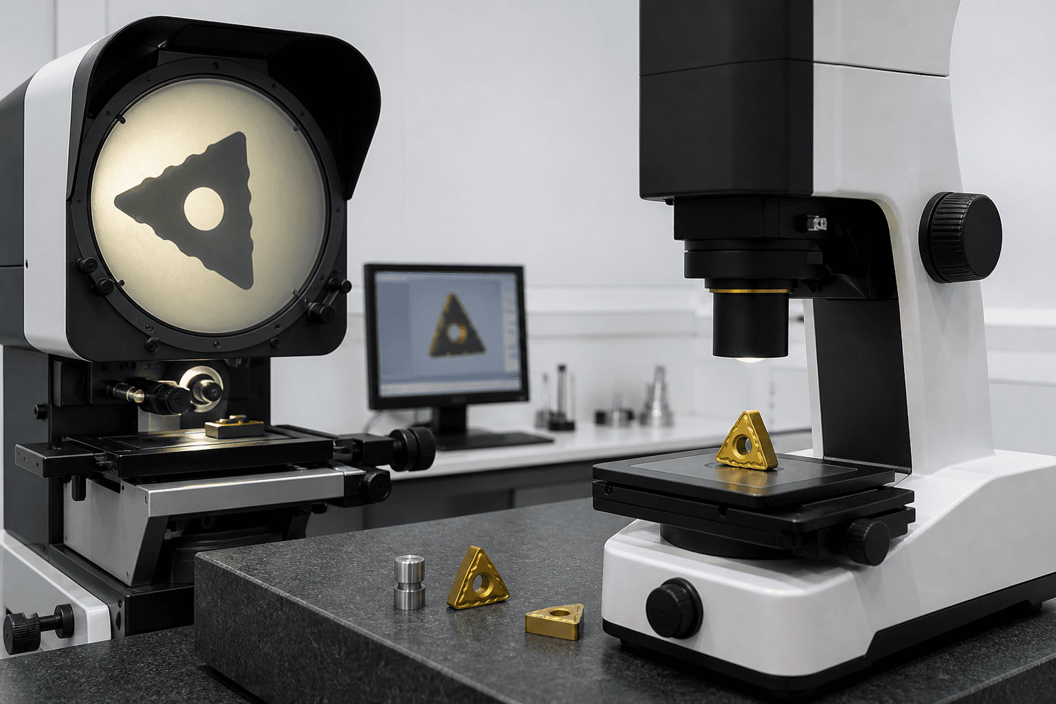 Optical inspection of a coated carbide insert on a granite surface plate